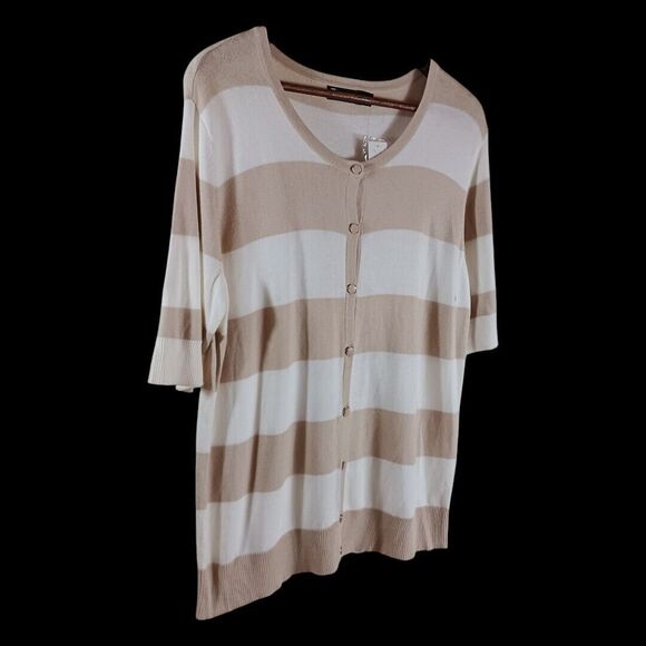 NWT 7th Avenue Design Studio New York White Tan Striped Short Sleeve Sweater XL - Picture 2 of 7